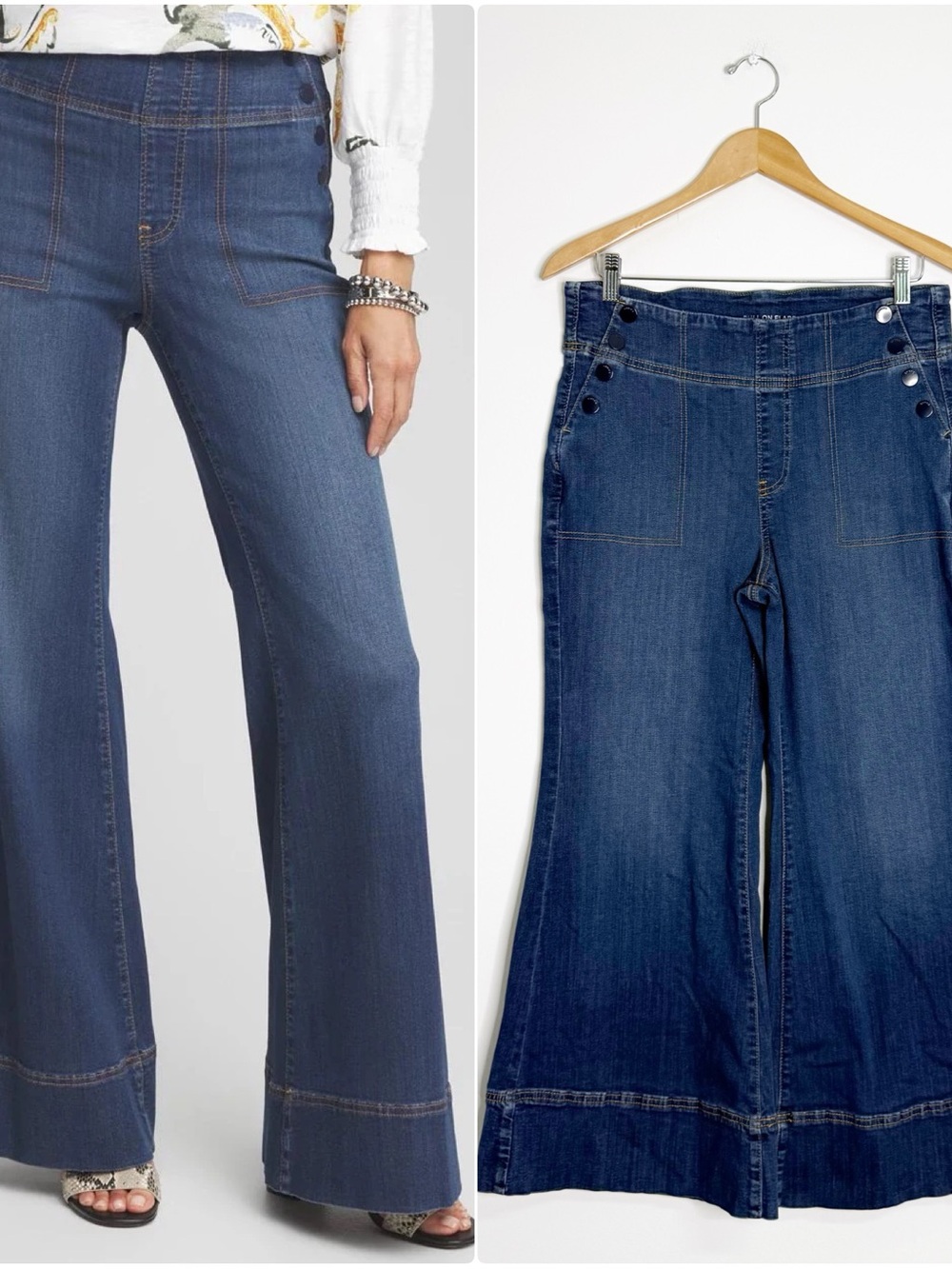 Chico’s Pull On Flare Jeans Petite 10P Blue Wide Leg Sailor Denim